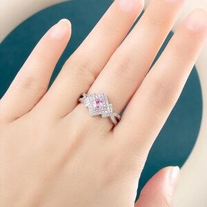 💖925;Sterling Silver Princess Cut Pink Sapphire Diamond Halo Ring